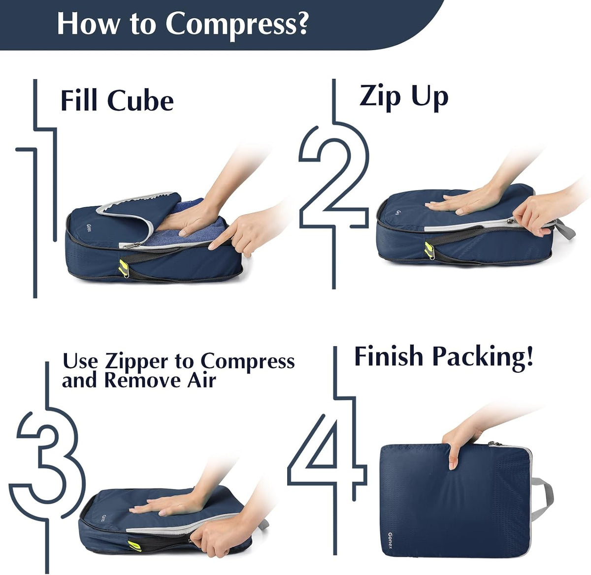 Compression Packing Cubes, 4pcs Expandable Storage Travel Luggage Bags Organizers (Deep Gray)