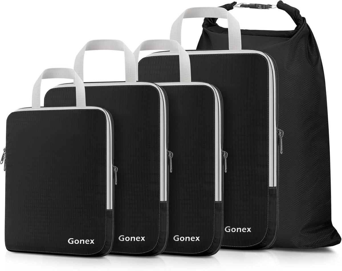Compression Packing Cubes, 4pcs Expandable Storage Travel Luggage Bags Organizers (Deep Gray)