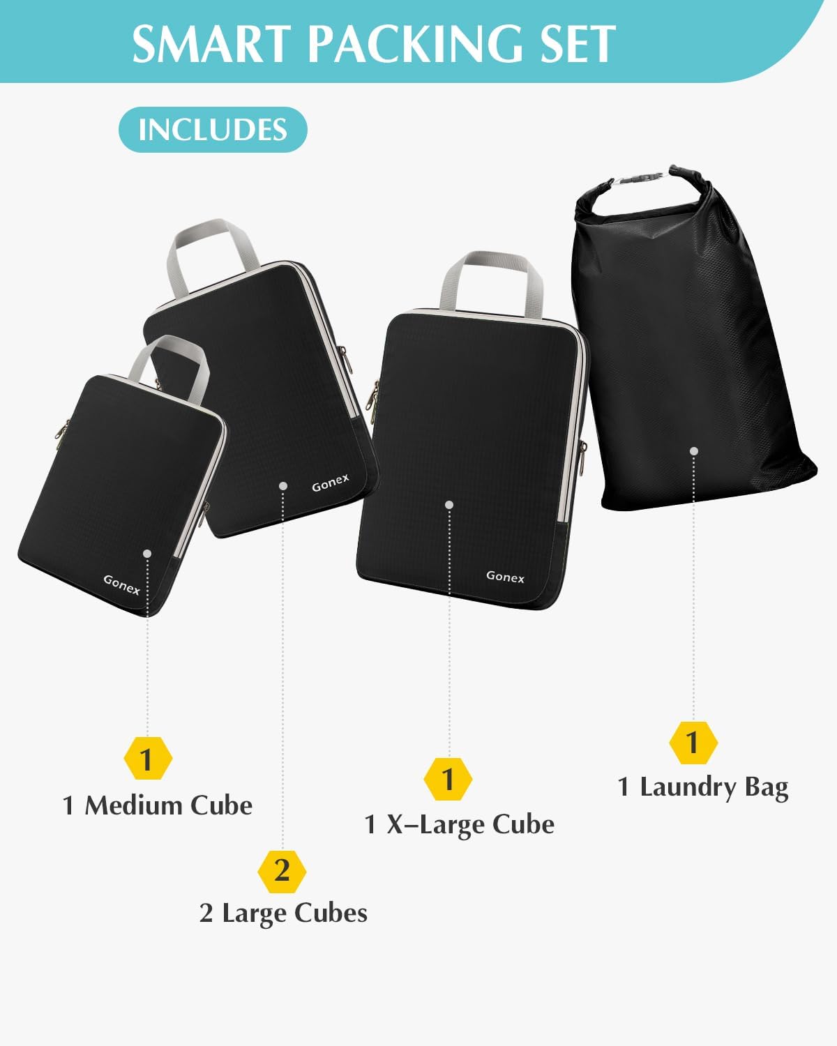Compression Packing Cubes, 4pcs Expandable Storage Travel Luggage Bags Organizers (Deep Gray)