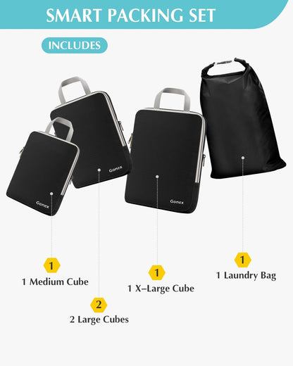Compression Packing Cubes, 4pcs Expandable Storage Travel Luggage Bags Organizers (Deep Gray)