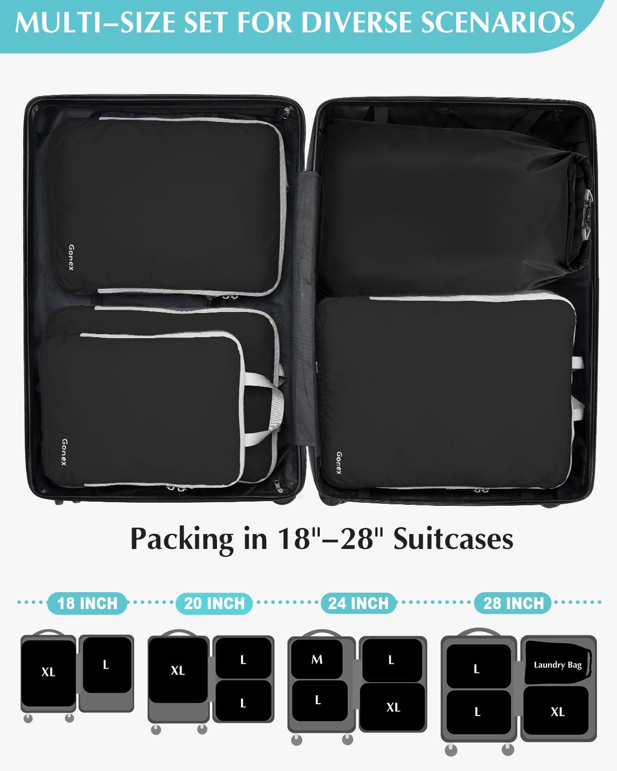 Compression Packing Cubes, 4pcs Expandable Storage Travel Luggage Bags Organizers (Deep Gray)