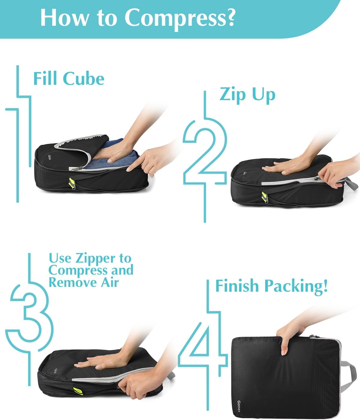 Compression Packing Cubes, 4pcs Expandable Storage Travel Luggage Bags Organizers (Deep Gray)
