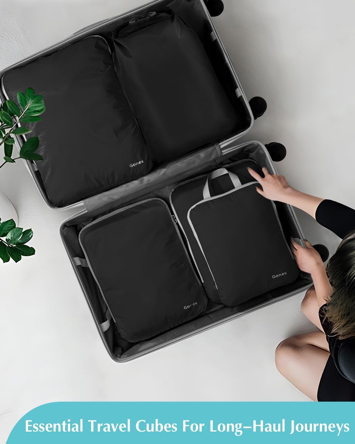 Compression Packing Cubes, 4pcs Expandable Storage Travel Luggage Bags Organizers (Deep Gray)