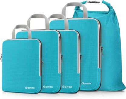 Compression Packing Cubes, 4pcs Expandable Storage Travel Luggage Bags Organizers (Deep Gray)
