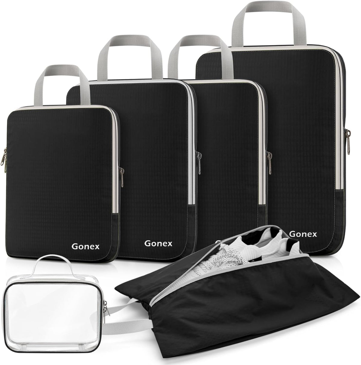 Compression Packing Cubes, 4pcs Expandable Storage Travel Luggage Bags Organizers (Deep Gray)