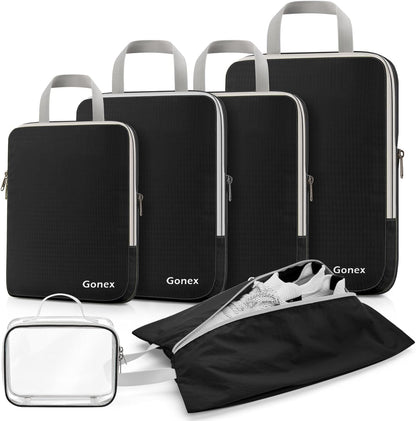 Compression Packing Cubes, 4pcs Expandable Storage Travel Luggage Bags Organizers (Deep Gray)