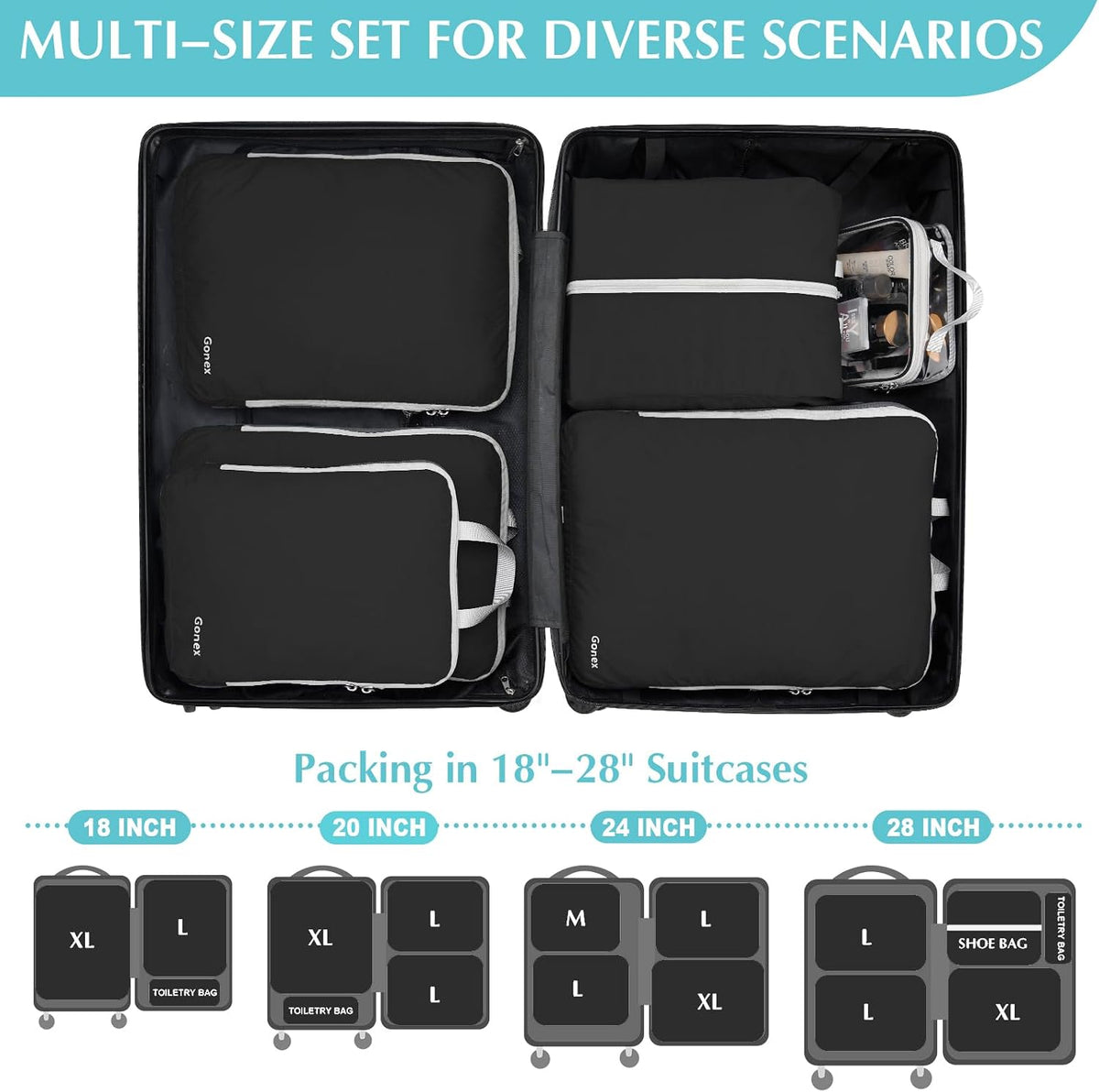 Compression Packing Cubes, 4pcs Expandable Storage Travel Luggage Bags Organizers (Deep Gray)