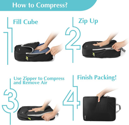 Compression Packing Cubes, 4pcs Expandable Storage Travel Luggage Bags Organizers (Deep Gray)