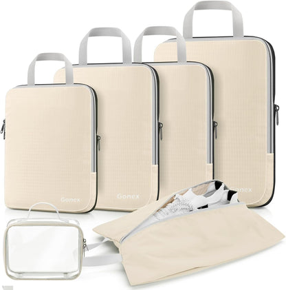 Compression Packing Cubes, 4pcs Expandable Storage Travel Luggage Bags Organizers (Deep Gray)