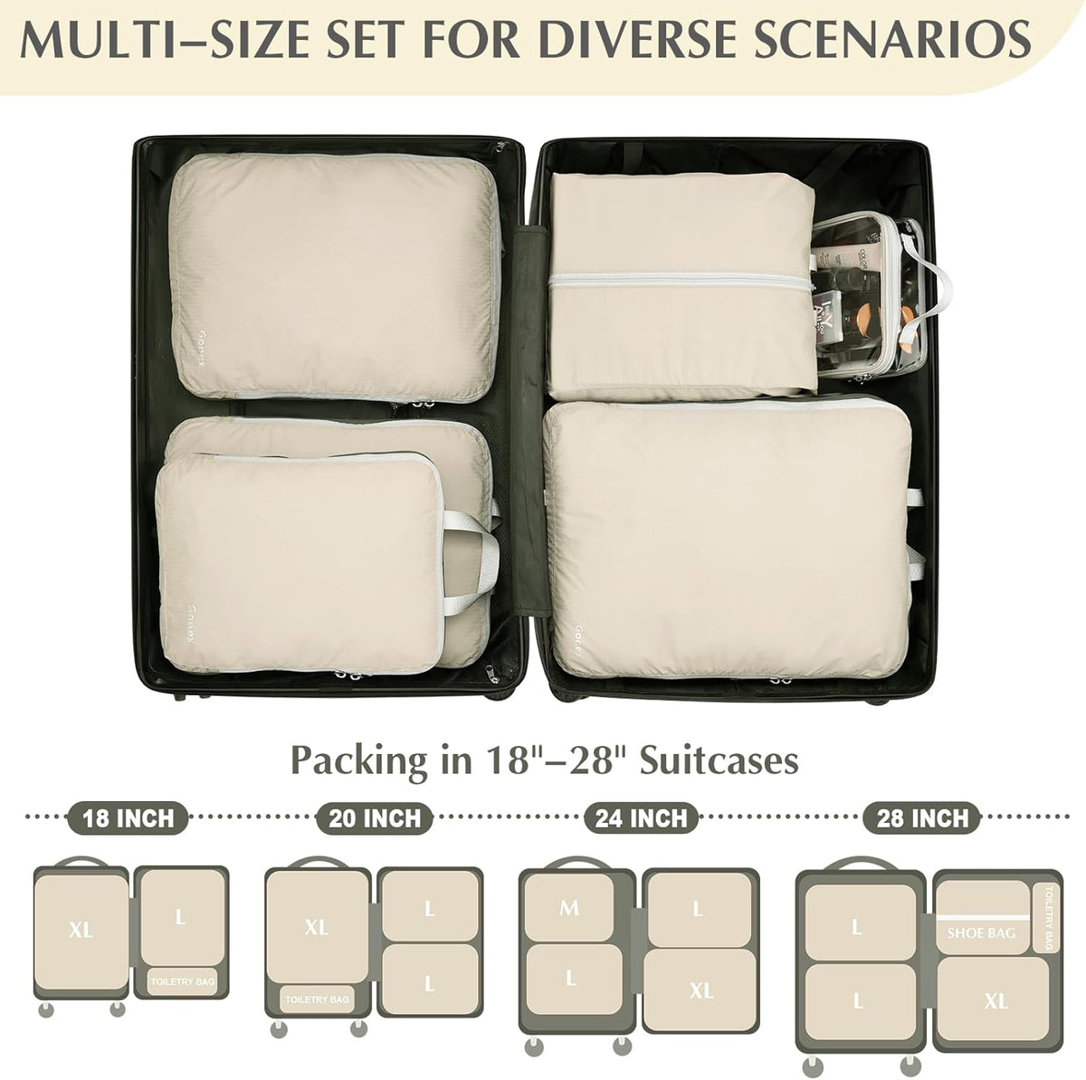 Compression Packing Cubes, 4pcs Expandable Storage Travel Luggage Bags Organizers (Deep Gray)