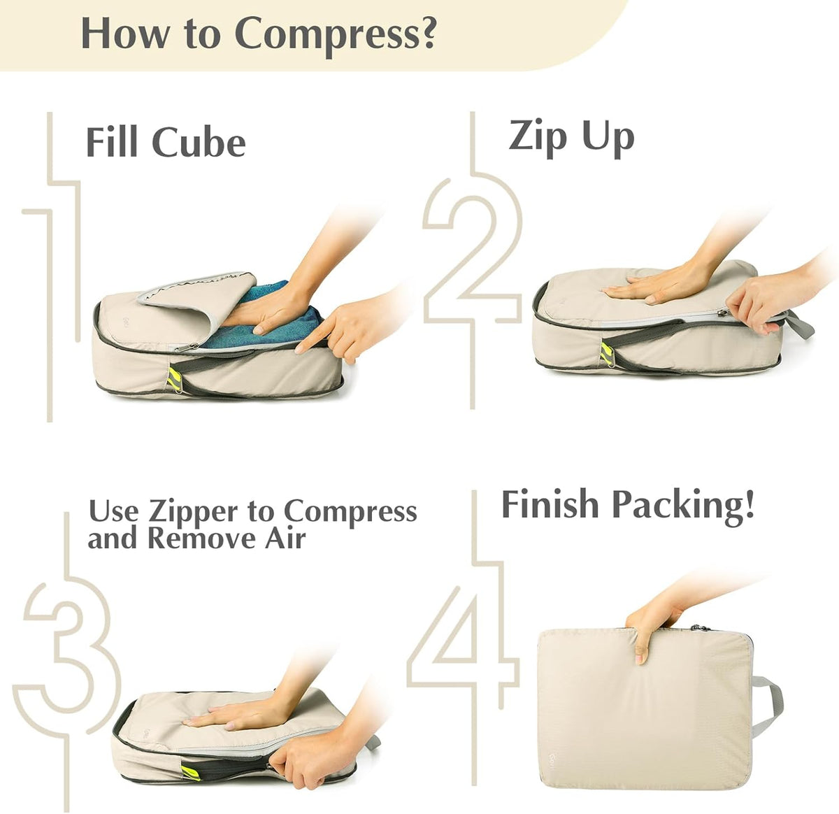 Compression Packing Cubes, 4pcs Expandable Storage Travel Luggage Bags Organizers (Deep Gray)