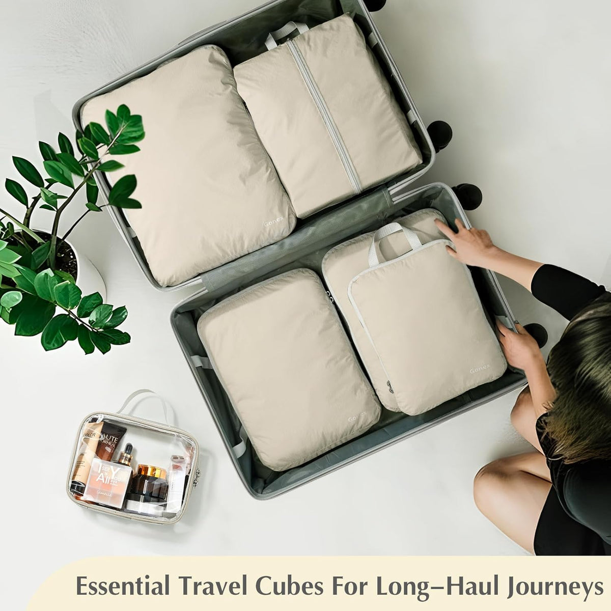 Compression Packing Cubes, 4pcs Expandable Storage Travel Luggage Bags Organizers (Deep Gray)