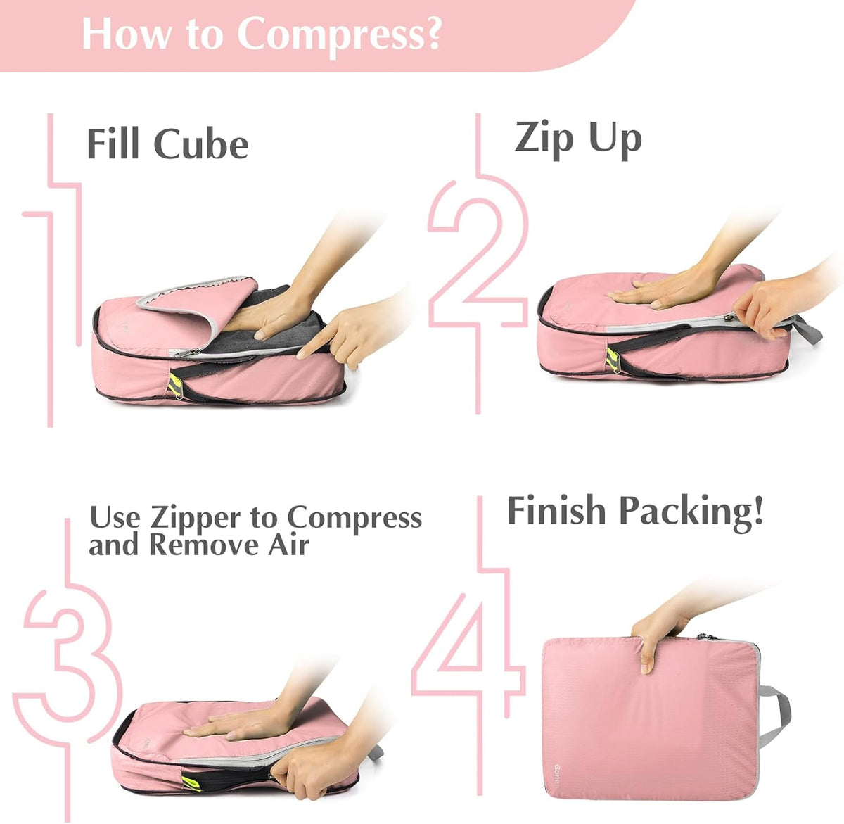 Compression Packing Cubes, 4pcs Expandable Storage Travel Luggage Bags Organizers (Deep Gray)