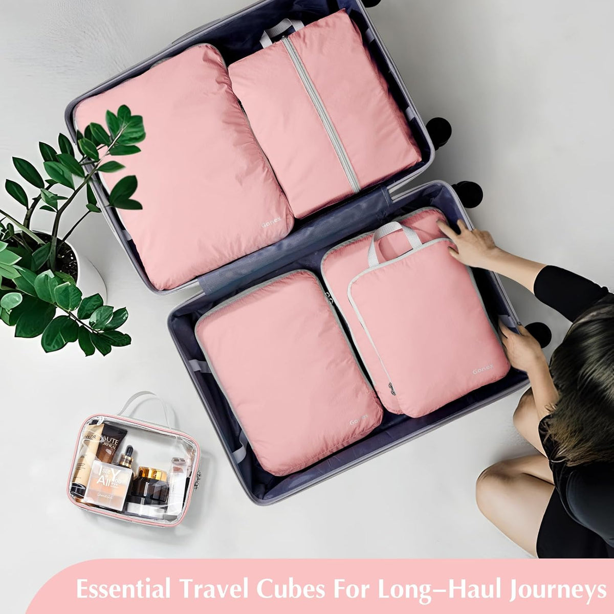 Compression Packing Cubes, 4pcs Expandable Storage Travel Luggage Bags Organizers (Deep Gray)