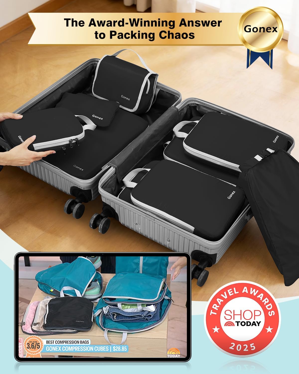 Compression Packing Cubes, 4pcs Expandable Storage Travel Luggage Bags Organizers (Deep Gray)