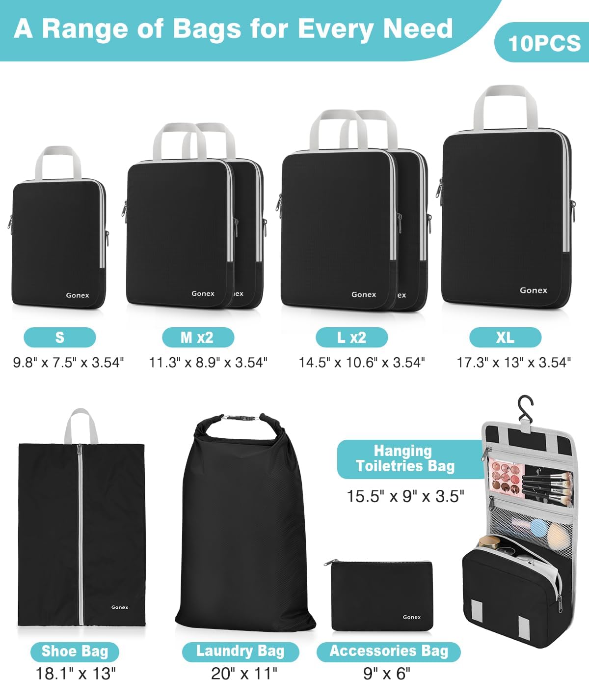 Compression Packing Cubes, 4pcs Expandable Storage Travel Luggage Bags Organizers (Deep Gray)