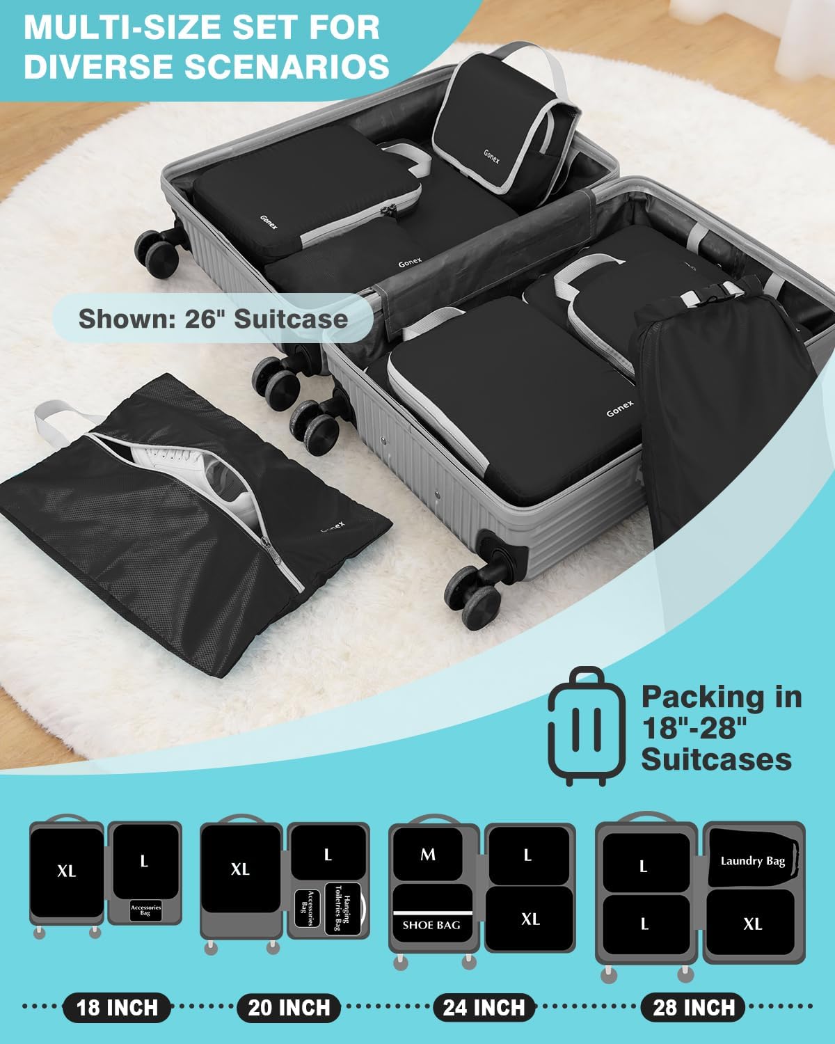 Compression Packing Cubes, 4pcs Expandable Storage Travel Luggage Bags Organizers (Deep Gray)