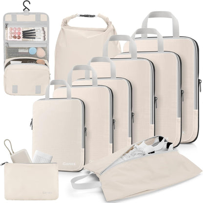 Compression Packing Cubes, 4pcs Expandable Storage Travel Luggage Bags Organizers (Deep Gray)