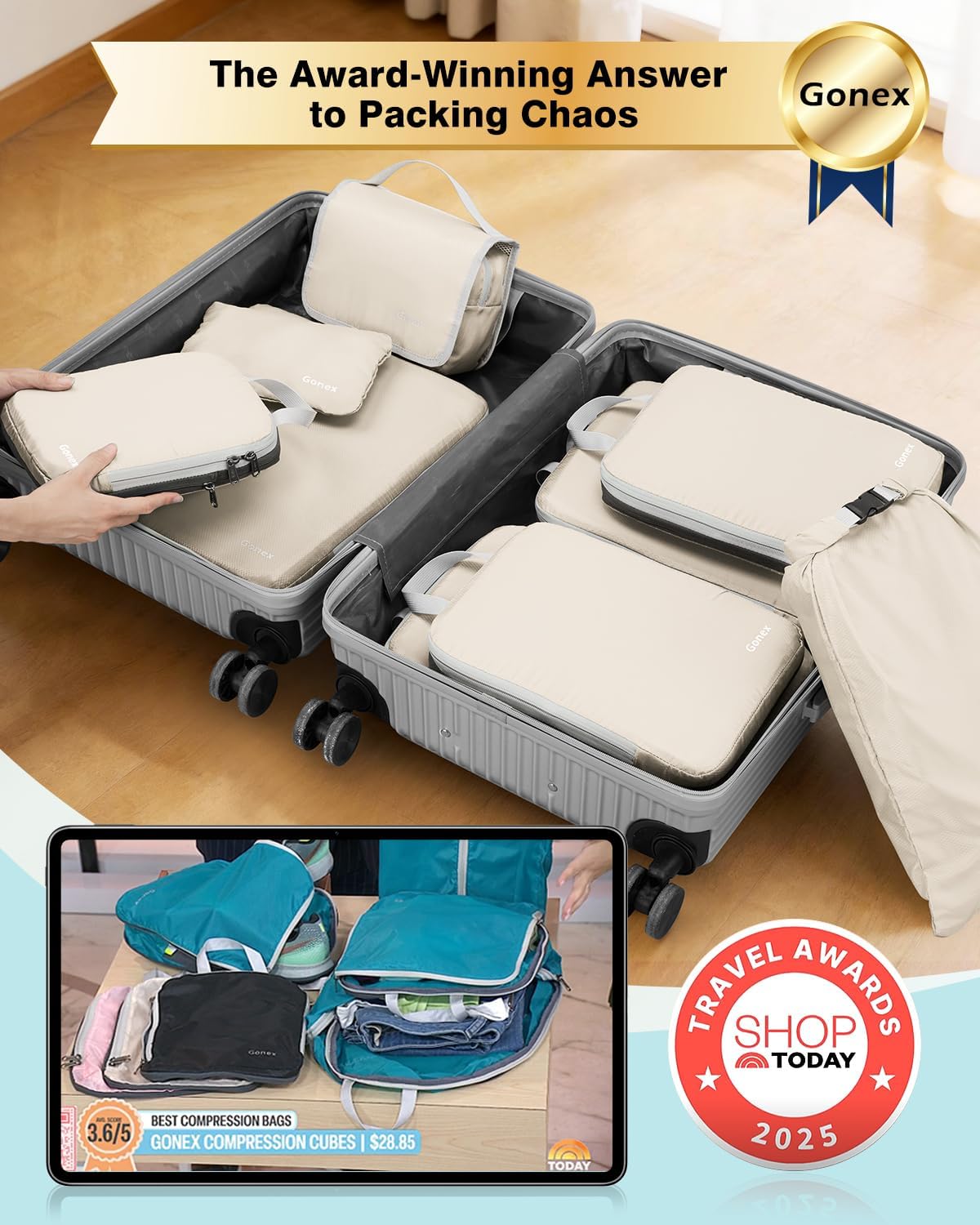 Compression Packing Cubes, 4pcs Expandable Storage Travel Luggage Bags Organizers (Deep Gray)
