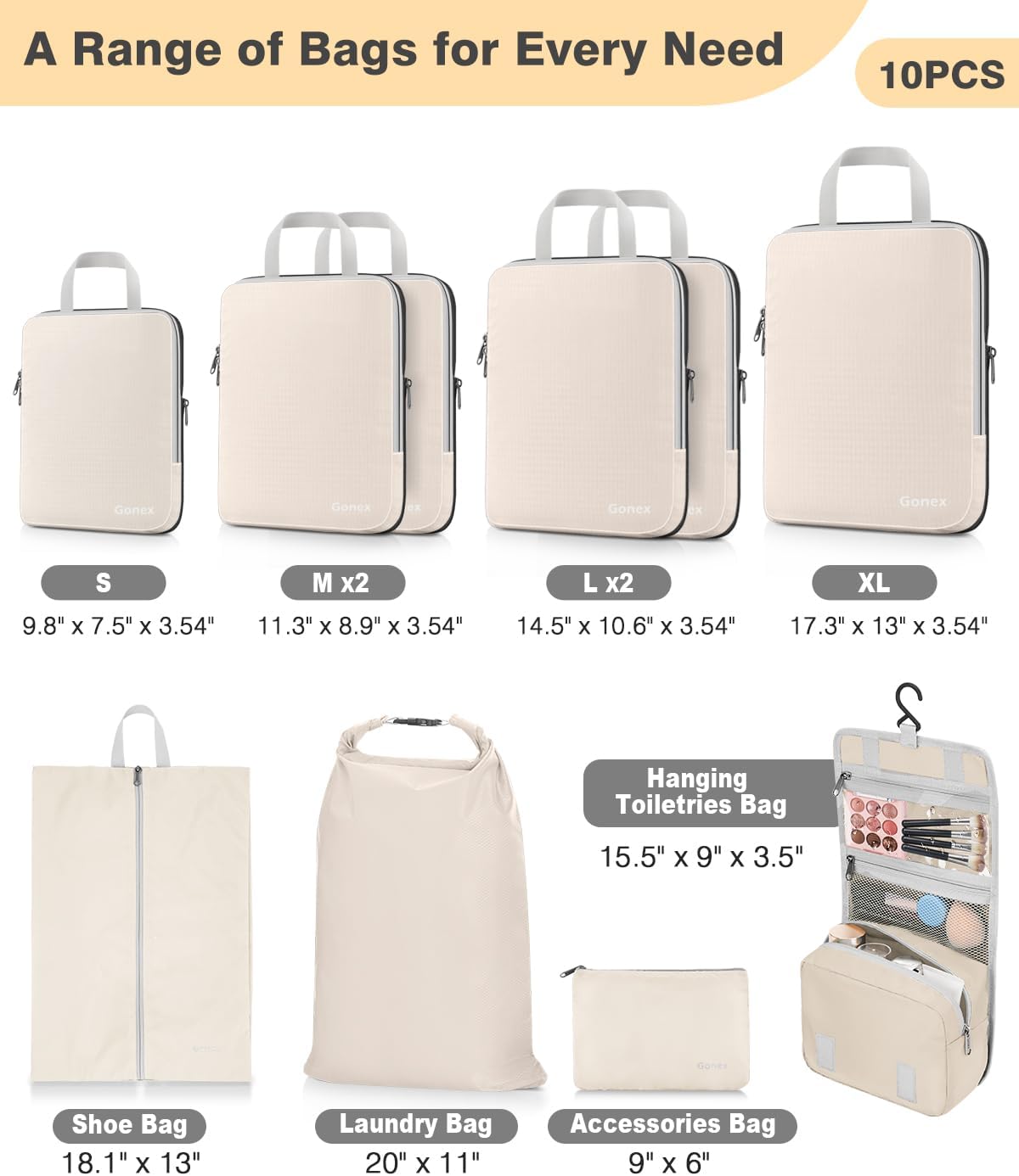 Compression Packing Cubes, 4pcs Expandable Storage Travel Luggage Bags Organizers (Deep Gray)