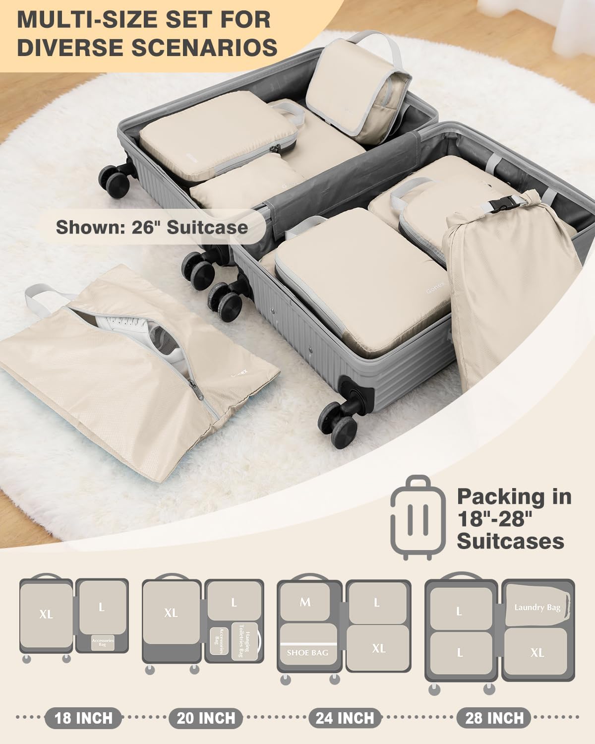 Compression Packing Cubes, 4pcs Expandable Storage Travel Luggage Bags Organizers (Deep Gray)