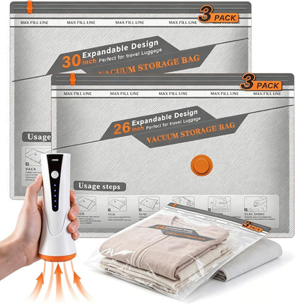 Vacuum Seal Bags for Travel with Pump, 9-Pack Space Saver | Cordless USB-C pump, 80% space saver, tear-proof PA+PE, dust/moisture proof, 3 sizes for travel luggage storage