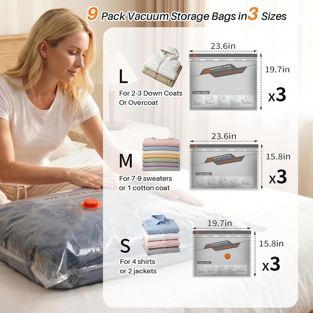 Vacuum Seal Bags for Travel with Pump, 9-Pack Space Saver | Cordless USB-C pump, 80% space saver, tear-proof PA+PE, dust/moisture proof, 3 sizes for travel luggage storage