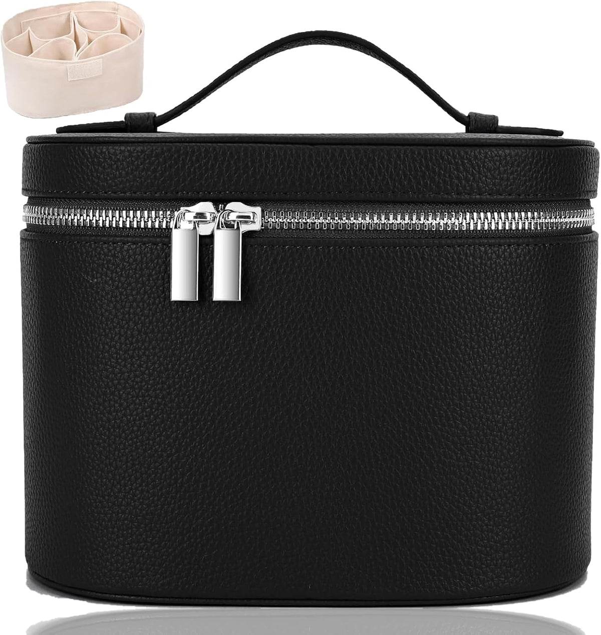 Leather Makeup Bag Organizer with Compartments - Standing Travel Cosmetic Bag for Women, Waterproof Vanity Case with Detachable Divider, Brown Portable Toiletry Bag