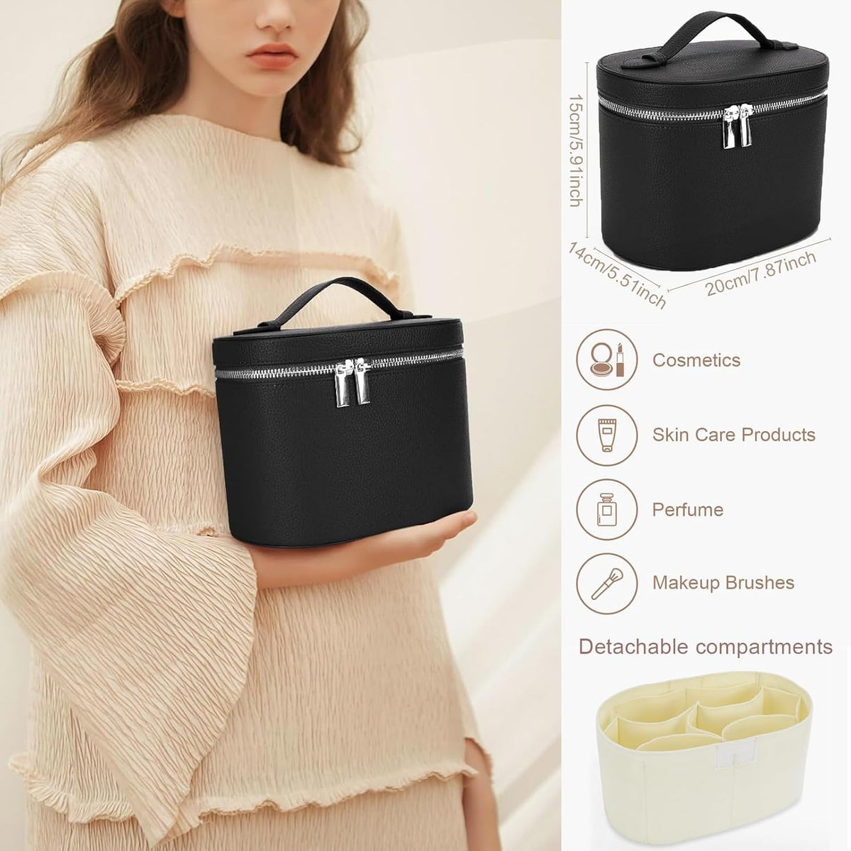 Leather Makeup Bag Organizer with Compartments - Standing Travel Cosmetic Bag for Women, Waterproof Vanity Case with Detachable Divider, Brown Portable Toiletry Bag