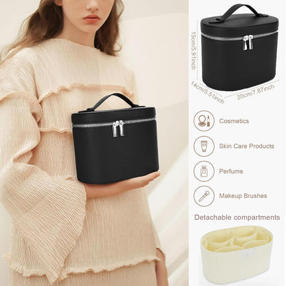 Leather Makeup Bag Organizer with Compartments - Standing Travel Cosmetic Bag for Women, Waterproof Vanity Case with Detachable Divider, Brown Portable Toiletry Bag