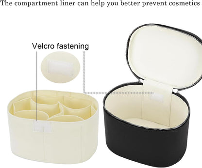 Leather Makeup Bag Organizer with Compartments - Standing Travel Cosmetic Bag for Women, Waterproof Vanity Case with Detachable Divider, Brown Portable Toiletry Bag