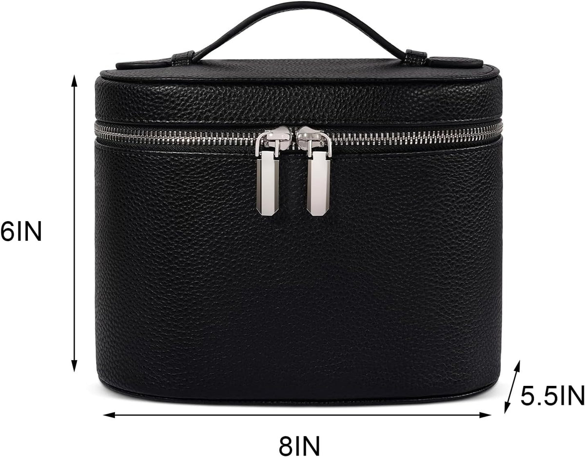 Leather Makeup Bag Organizer with Compartments - Standing Travel Cosmetic Bag for Women, Waterproof Vanity Case with Detachable Divider, Brown Portable Toiletry Bag