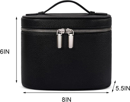 Leather Makeup Bag Organizer with Compartments - Standing Travel Cosmetic Bag for Women, Waterproof Vanity Case with Detachable Divider, Brown Portable Toiletry Bag