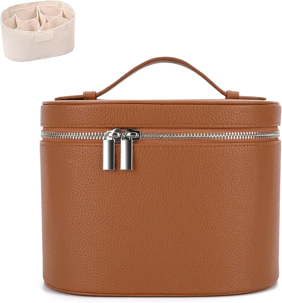 Leather Makeup Bag Organizer with Compartments - Standing Travel Cosmetic Bag for Women, Waterproof Vanity Case with Detachable Divider, Brown Portable Toiletry Bag