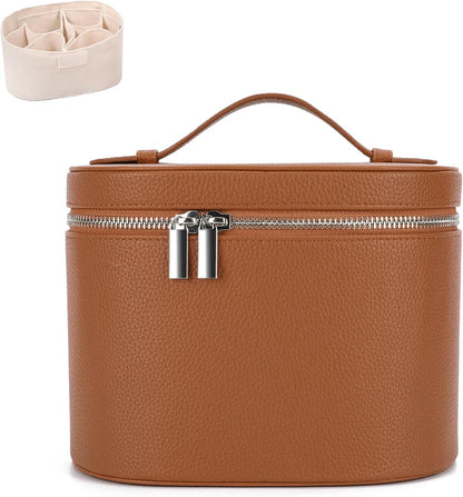 Leather Makeup Bag Organizer with Compartments - Standing Travel Cosmetic Bag for Women, Waterproof Vanity Case with Detachable Divider, Brown Portable Toiletry Bag