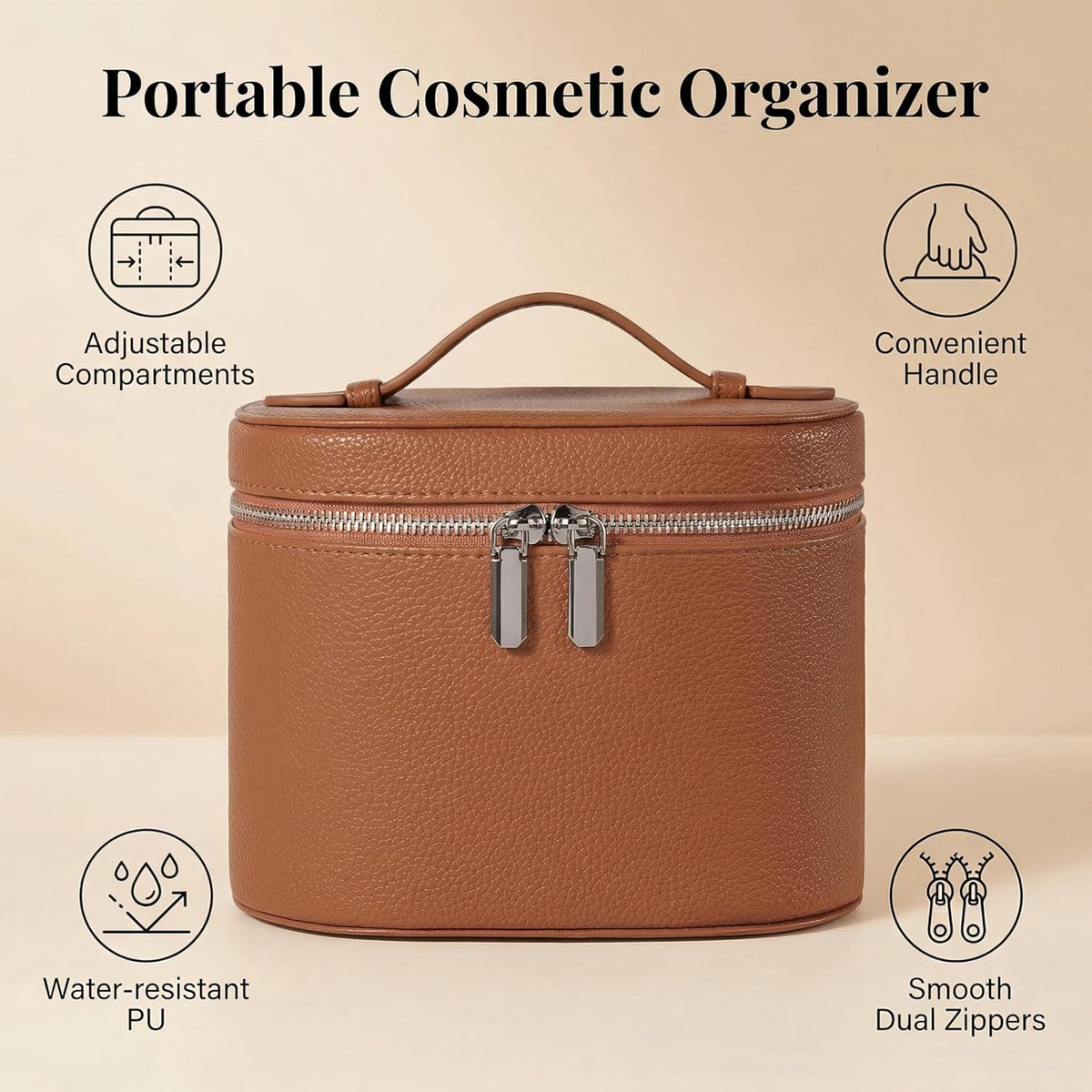 Leather Makeup Bag Organizer with Compartments - Standing Travel Cosmetic Bag for Women, Waterproof Vanity Case with Detachable Divider, Brown Portable Toiletry Bag