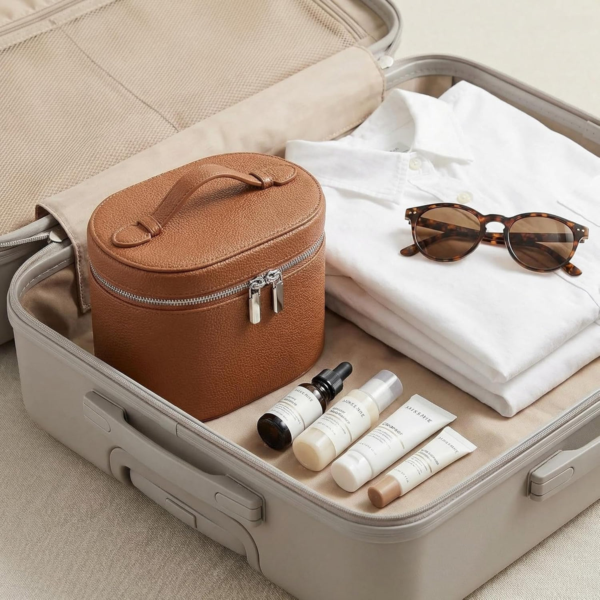 Leather Makeup Bag Organizer with Compartments - Standing Travel Cosmetic Bag for Women, Waterproof Vanity Case with Detachable Divider, Brown Portable Toiletry Bag