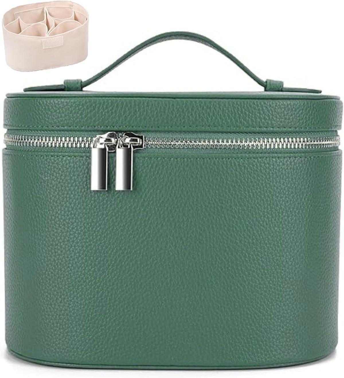 Leather Makeup Bag Organizer with Compartments - Standing Travel Cosmetic Bag for Women, Waterproof Vanity Case with Detachable Divider, Brown Portable Toiletry Bag