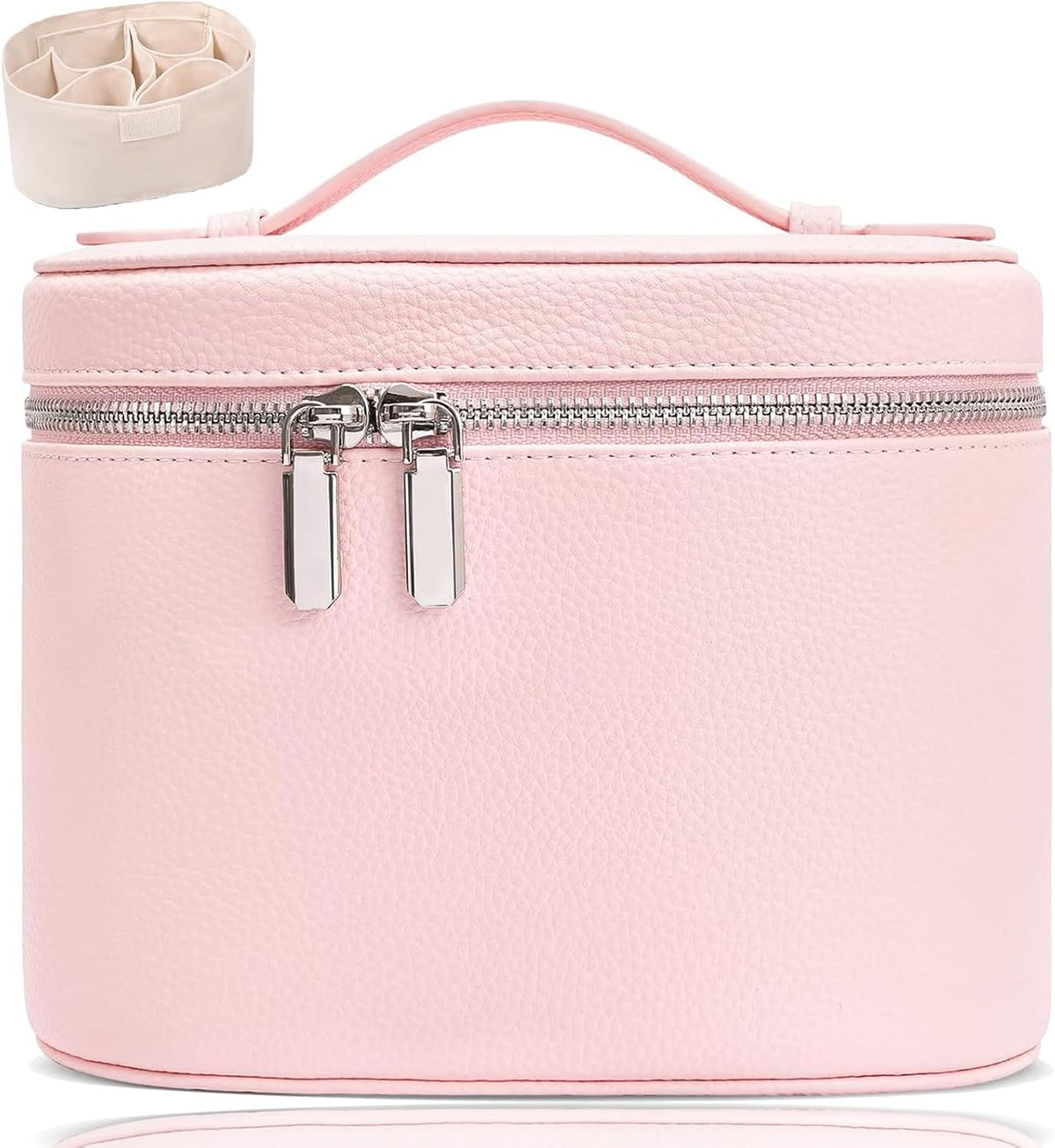 Leather Makeup Bag Organizer with Compartments - Standing Travel Cosmetic Bag for Women, Waterproof Vanity Case with Detachable Divider, Brown Portable Toiletry Bag