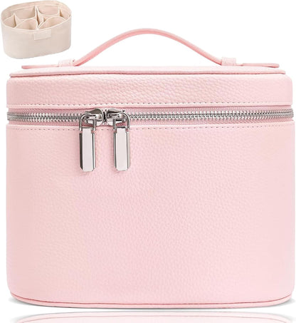 Leather Makeup Bag Organizer with Compartments - Standing Travel Cosmetic Bag for Women, Waterproof Vanity Case with Detachable Divider, Brown Portable Toiletry Bag