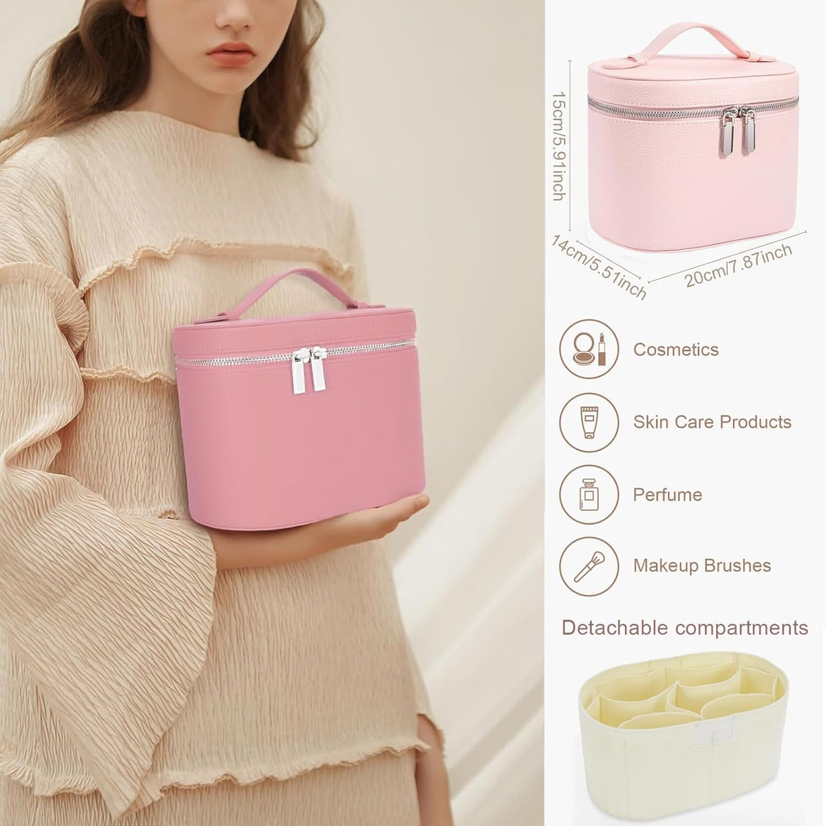 Leather Makeup Bag Organizer with Compartments - Standing Travel Cosmetic Bag for Women, Waterproof Vanity Case with Detachable Divider, Brown Portable Toiletry Bag