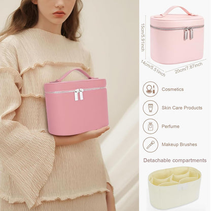 Leather Makeup Bag Organizer with Compartments - Standing Travel Cosmetic Bag for Women, Waterproof Vanity Case with Detachable Divider, Brown Portable Toiletry Bag
