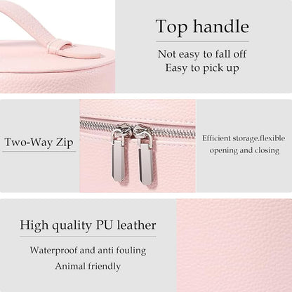 Leather Makeup Bag Organizer with Compartments - Standing Travel Cosmetic Bag for Women, Waterproof Vanity Case with Detachable Divider, Brown Portable Toiletry Bag