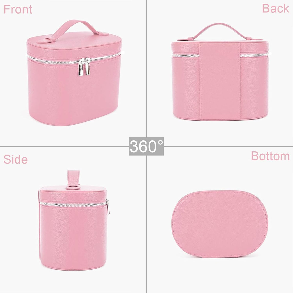 Leather Makeup Bag Organizer with Compartments - Standing Travel Cosmetic Bag for Women, Waterproof Vanity Case with Detachable Divider, Brown Portable Toiletry Bag