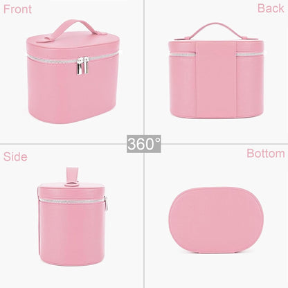 Leather Makeup Bag Organizer with Compartments - Standing Travel Cosmetic Bag for Women, Waterproof Vanity Case with Detachable Divider, Brown Portable Toiletry Bag