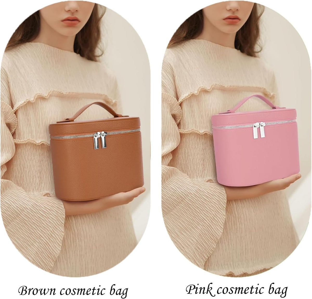 Leather Makeup Bag Organizer with Compartments - Standing Travel Cosmetic Bag for Women, Waterproof Vanity Case with Detachable Divider, Brown Portable Toiletry Bag