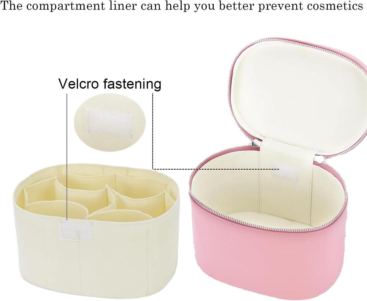 Leather Makeup Bag Organizer with Compartments - Standing Travel Cosmetic Bag for Women, Waterproof Vanity Case with Detachable Divider, Brown Portable Toiletry Bag