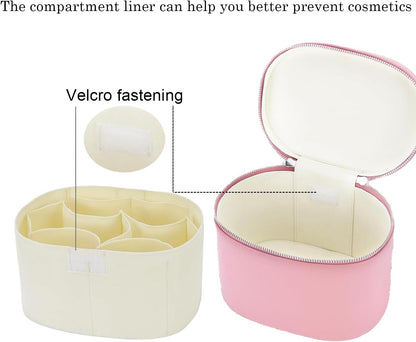 Leather Makeup Bag Organizer with Compartments - Standing Travel Cosmetic Bag for Women, Waterproof Vanity Case with Detachable Divider, Brown Portable Toiletry Bag