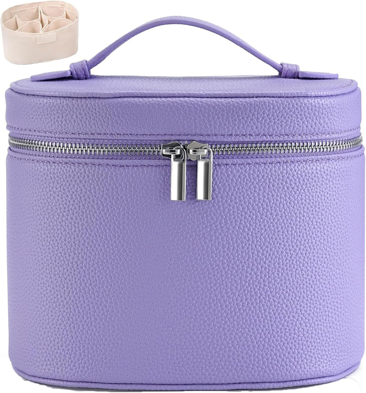 Leather Makeup Bag Organizer with Compartments - Standing Travel Cosmetic Bag for Women, Waterproof Vanity Case with Detachable Divider, Brown Portable Toiletry Bag