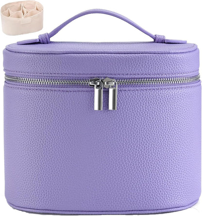 Leather Makeup Bag Organizer with Compartments - Standing Travel Cosmetic Bag for Women, Waterproof Vanity Case with Detachable Divider, Brown Portable Toiletry Bag